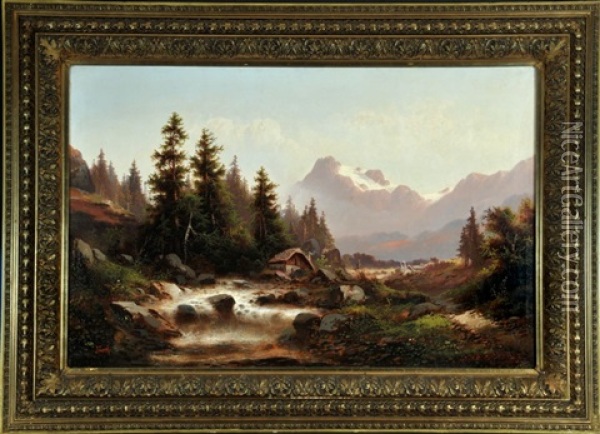 Hutte Am Wildbach In Gebirgslandschaft Oil Painting - Julius Zopf