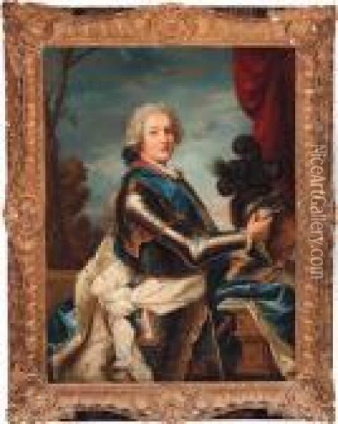 Portrait Of A Military 
Commander, Standing Three-quarter-length, Inarmour With A Blue Sash And 
An Ermine Lined Cloak, Holding A Helmetbefore A Crimson Curtain, A 
Landscape Beyond Oil Painting - Jean-Marc Nattier