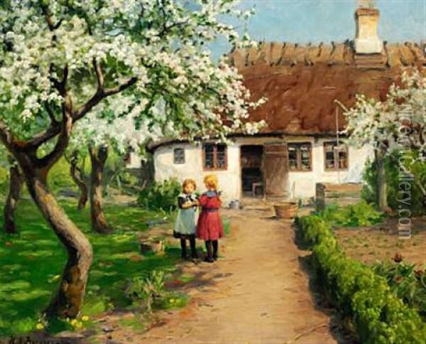Two Little Girls In The Garden With A Kitten Under A Fruit Tree In Bloom Oil Painting - Hans Andersen Brendekilde