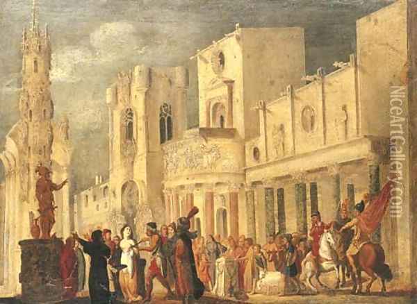 An architectural capriccio with the martyrdom of Saint Agatha Oil Painting - Francois de Nome (Monsu, Desiderio)