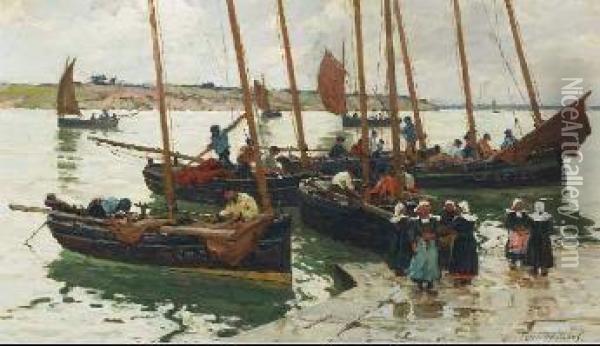 Arrival Of Sardine Boats, Concarneau Oil Painting - Terrick John Williams
