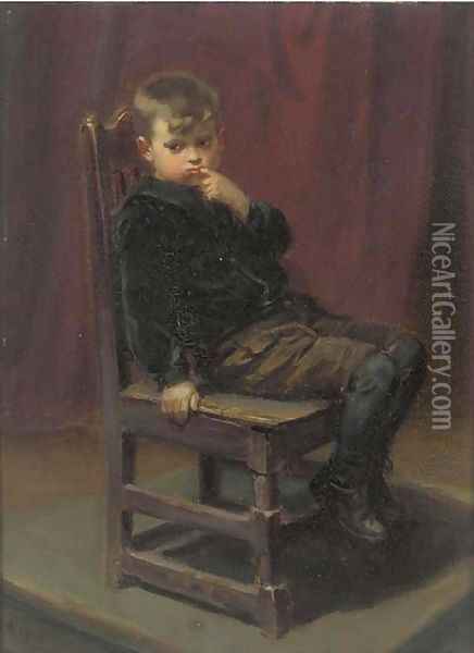 Portrait of a young boy sitting on a chair Oil Painting - English School