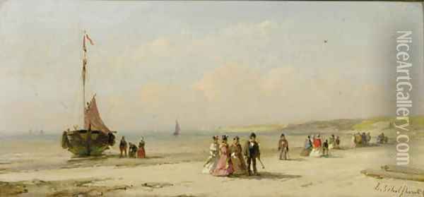 Elegant company on the beach of Scheveningen Oil Painting - Andreas Schelfhout