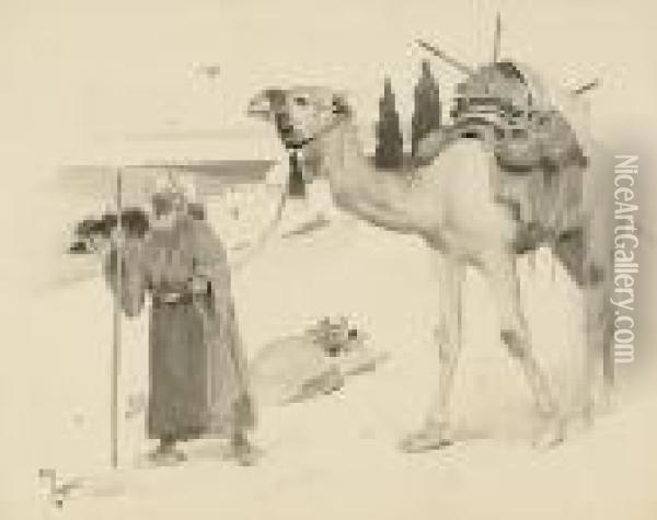 An Arab Leading A Laden Camel Oil Painting - Cecil Charles Aldin