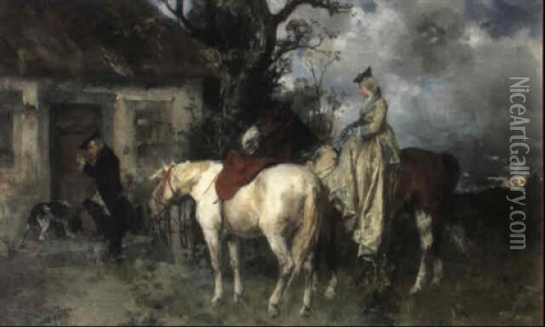 Riders Before A Cottage Oil Painting - Georg Heinrich Buettner