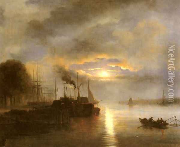 Vessels before a Harbour town by Moonlight, possibly Rotterdam Oil Painting - Nicolaas Johannes Roosenboom