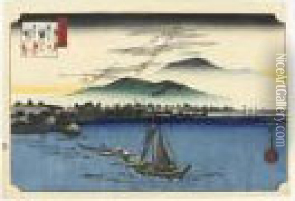 Katada No Rakugan. La Descente Des Oies Sauvages A Katada Oil Painting - Utagawa or Ando Hiroshige