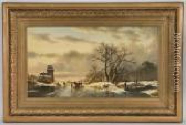 A Wintery Landscape Oil Painting - Jan Jacob Coenraad Spohler