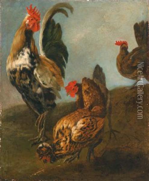 Paesaggio Con Un Gallo E Tre Galline Oil Painting - Gijsbert Gillisz. de Hondecoeter