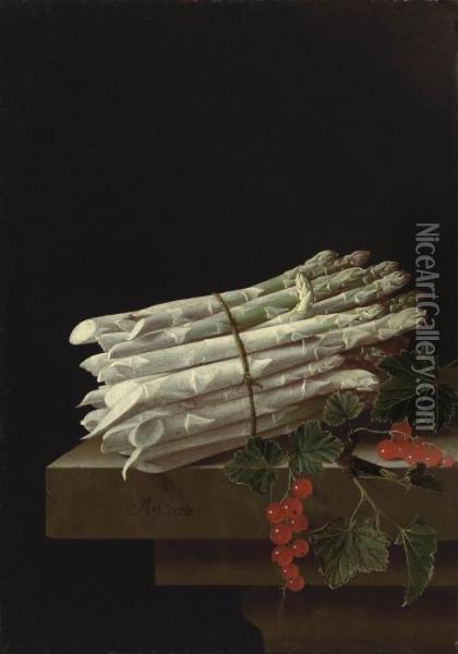 Asparagus And Red Currants On A Stone Ledge Oil Painting - Adriaen Coorte