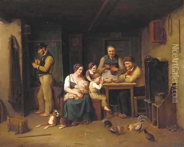 A family in an interior Oil Painting - Christian Andreas Schleisner