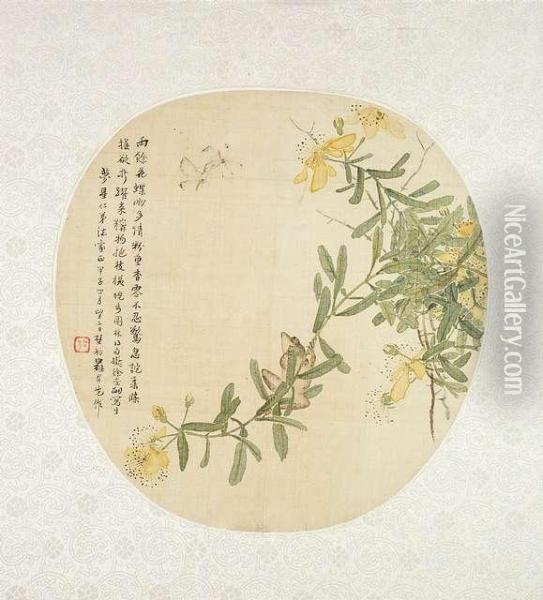 Flowering Twig With Insects And Frog. China, Dated 1864, Fan Painting With Silk Mounting, Ink And Colours On Silk, Poetic Inscription And Dedication, Signed Luo Anxian, One Seal Of The Artist - Good Condition Oil Painting - Lio Anxian