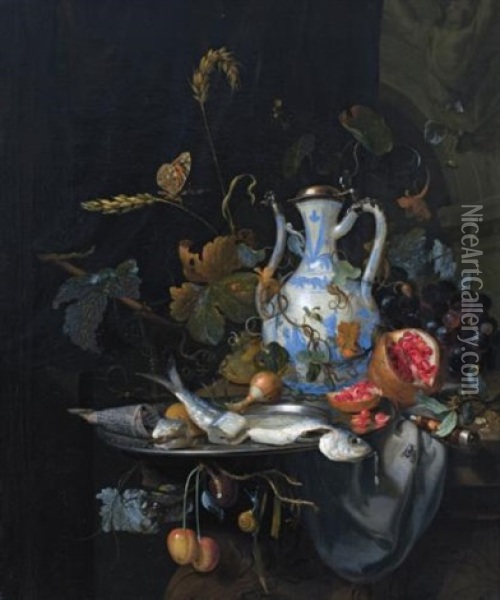 A Still Life With A Chinese Porcelain Jug, A Pewter Plate With A Herring, A Pomegranate, A Knife, An Onion, Grapes And Cherries, Together With A Snail And A Butterfly, All On A Stone Table Draped With A Grey Cloth Oil Painting - Jan Mortel