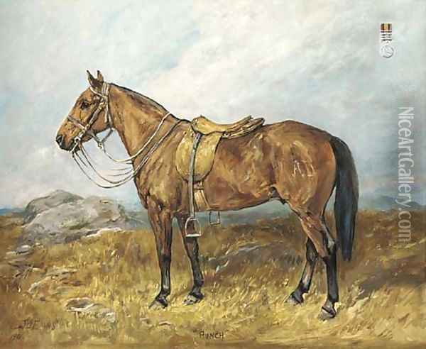 Punch, a saddled military pony, in a landscape Oil Painting - John Emms