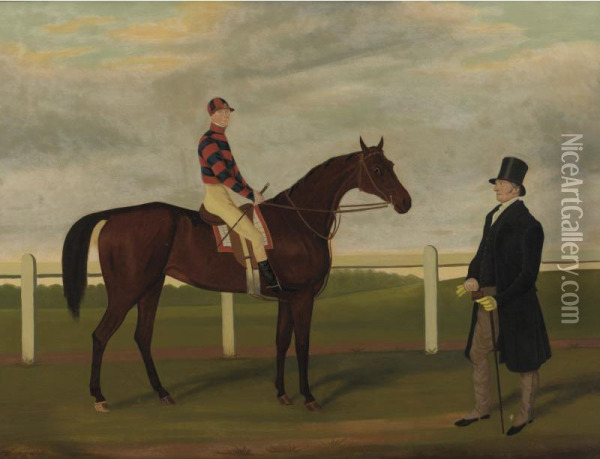 'merry Lass, Rees Up, With Owner Mr. Davis On Brecon Racecourse Oil Painting - James Loder