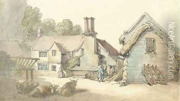 View of Cottage and barnyard Oil Painting - Thomas Rowlandson