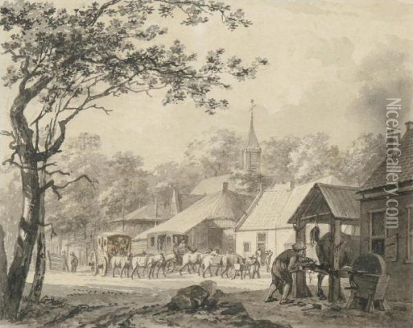 Coaches At Astage, At The Right An Old Forge With A Horse Being Shod Oil Painting - Barend Cornelis Koekkoek