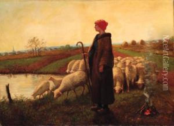 A Shepherdess With Her Flock Oil Painting - Aime Perret