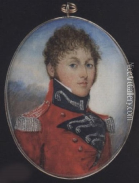 A Young Field Officer (an Inspector Of Militia Or Yeomanry?), His Scarlet Coat With Turned Back Dark Blue Lapels And Collar Patches, With Tasselled Silver Braids And Silver Epaulettes With Red Stripes Oil Painting - Frederick Buck
