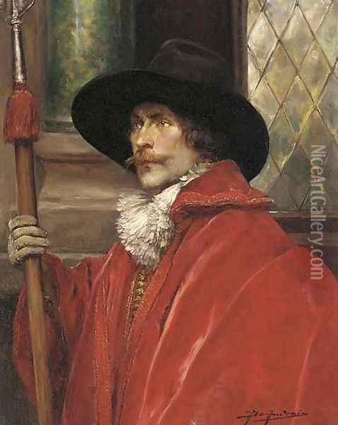 A cavalier holding a halberd Oil Painting - Alex De Andreis