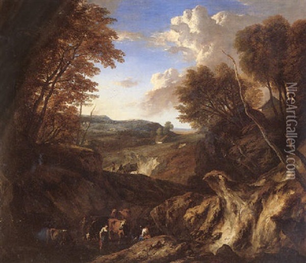 A Hilly Wooded Landscape With Peasants And Cattle At A Watering-hole Oil Painting - Cornelis Huysmans