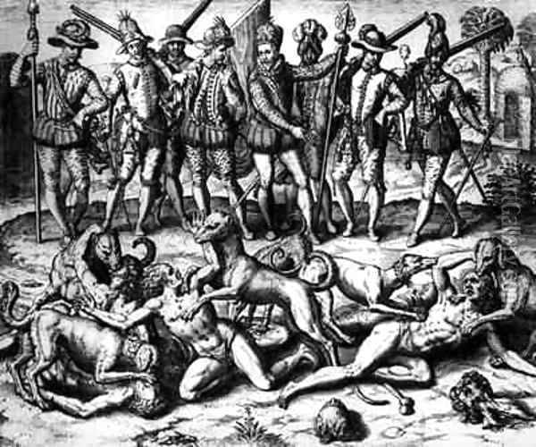 The dogs of Vasco Nunez de Balboa (1475-1571) attacking the Indians Oil Painting - Theodore de Bry