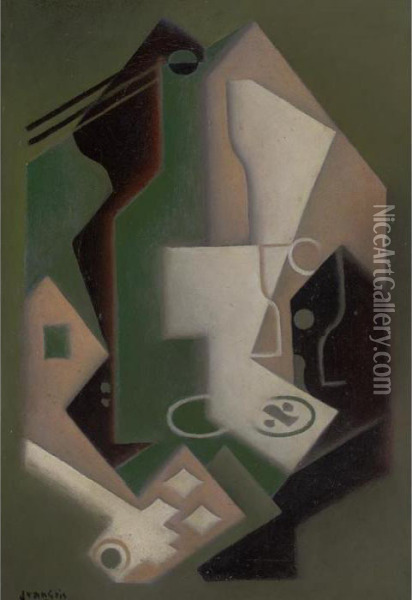 Bouteille, Pipe Et Cartes A Jouer Oil Painting - Juan Gris