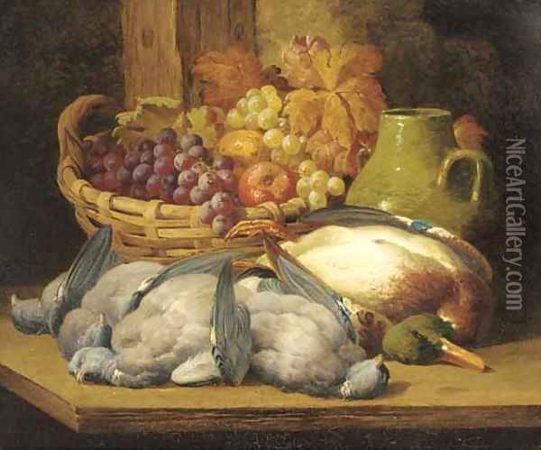 Dead game, grapes and apples in a wicker basket Oil Painting - William Duffield