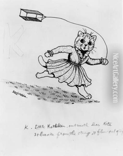 'k. Little Kathleen, Out With Her Kite Oil Painting - Louis William Wain