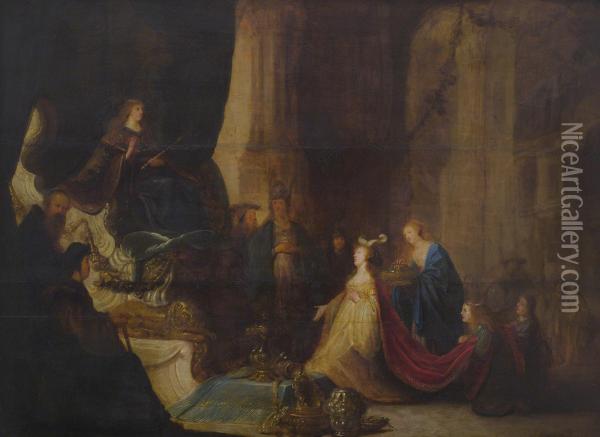 The Queen Of Sheba Before King Salomon Oil Painting - Jacob Willemsz de Wet the Elder