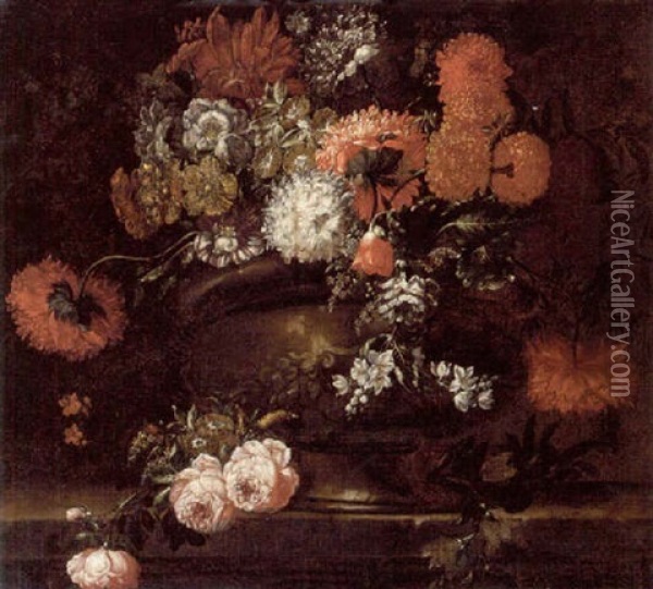 Carnations And Other Flowers In An Urn, With Roses On A Stone Ledge Oil Painting - Pieter Casteels III