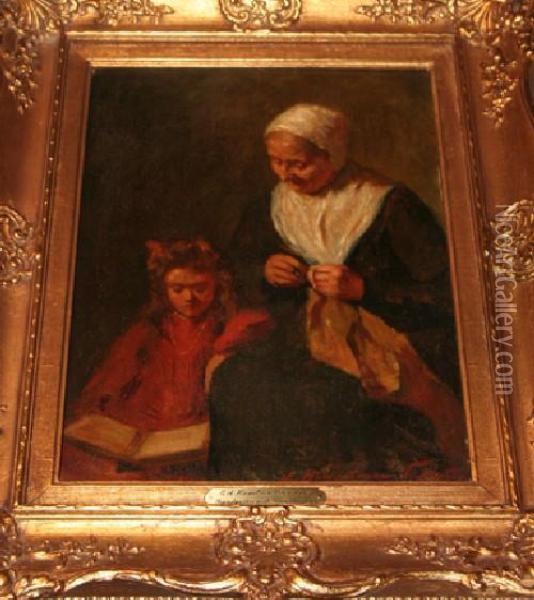 Grandmother With Granddaughter Oil Painting - Edgar Scudder Hamilton
