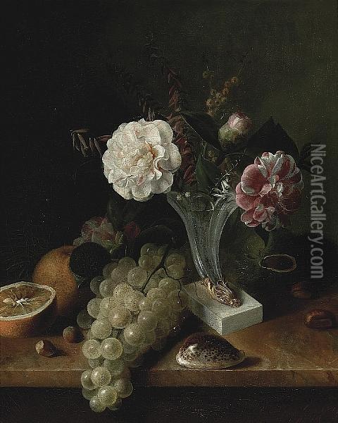 A Still Life With Flowers, Grapes, Oranges, Chestnuts And A Conch Shell On A Ledge Oil Painting - Louis Aristide Leon Constans