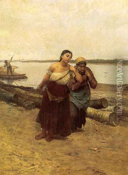 Boat Warpers 1878 Oil Painting - Lajos Deak-Ebner