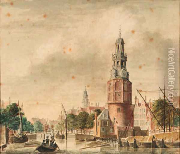 A view of the Oude Schans with the Montelbaanstoren, Amsterdam, the tower of the Zuiderkerk beyond Oil Painting - Jan De Beijer