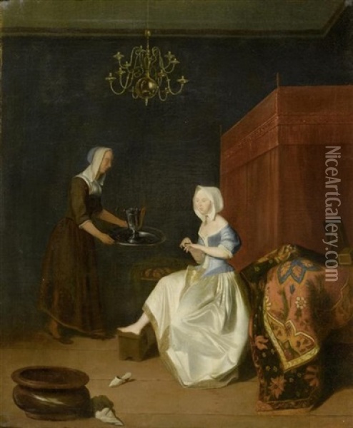 Edle Dame Mit Dienerin In Einem Interieur Oil Painting - Jacob Ochtervelt