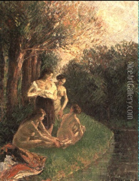 Les Baigneuses Oil Painting - Camille Pissarro