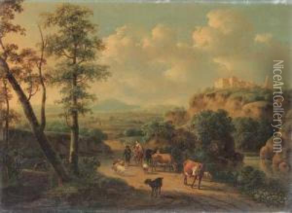 Peasants And Cattle In An Italianate Landscape Oil Painting - Cornelis Van Der Meulen