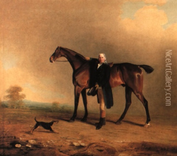 Major Price With His Favorite Bay Hunter And Terrier In Landscape Oil Painting - Benjamin Marshall