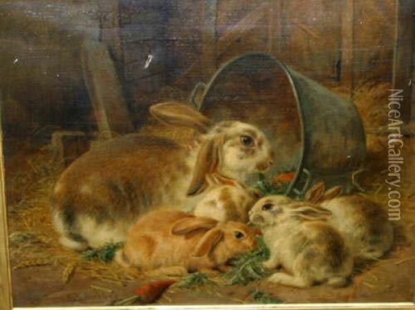 Oil On Canvas. Rabbit Scene Signed Lower Left18 X 21 Inches Oil Painting - Alfred R. Barber