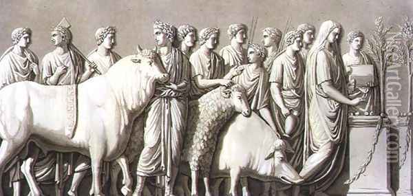 Bas relief of a bull, a ram and a boar led to a votive altar, from 'Le Costume Ancien et Moderne' Oil Painting - G. Bramati