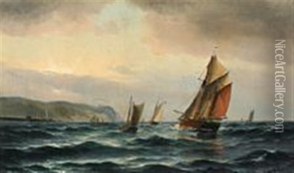 Seascape With Sailing Boats Along Coast Oil Painting - Vilhelm Victor Bille
