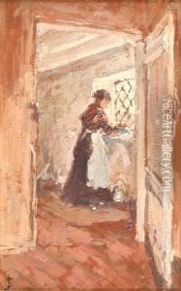 Cottage Interior With Lady At A Window Oil Painting - James Charles