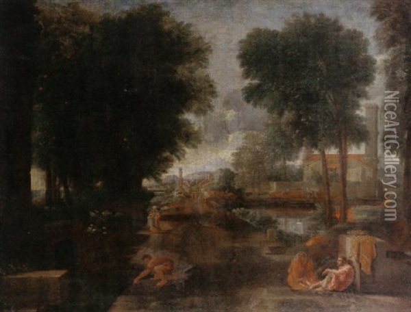 A Classical Landscape With Figures Resting On A Roman Road Oil Painting - Nicolas Poussin