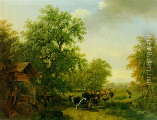 Dorfeingang Mit Heimkehrender Viehherde Oil Painting - Pierre Louis De La Rive