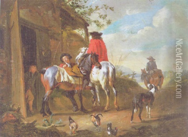 Rast Zweier Herrschaftlicher Reiter Vor Einem Landlichen Gasthof Oil Painting - Pieter van Bloemen