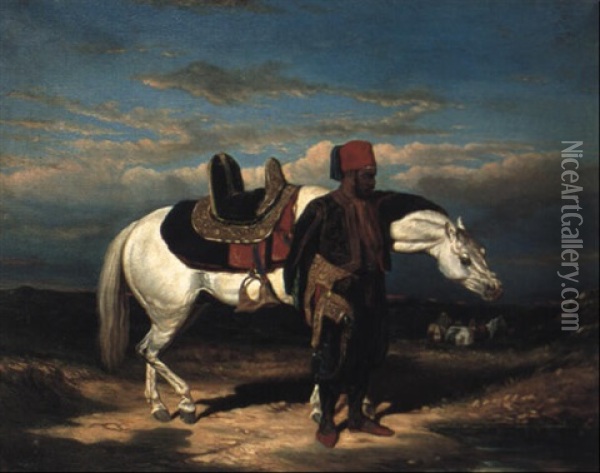 Cavalier Abreuvant Son  Cheval Oil Painting - Alfred De Dreux