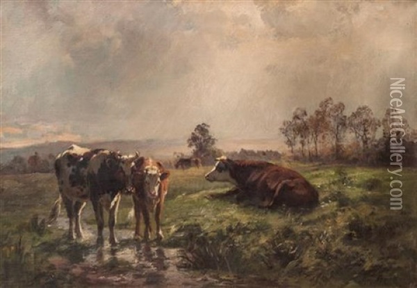 Cows Watering Oil Painting - Aymar (Aimard Alexandre) Pezant
