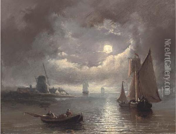Barges On The Estuary, By Moonlight Oil Painting - Johannes Coenraad Beijer