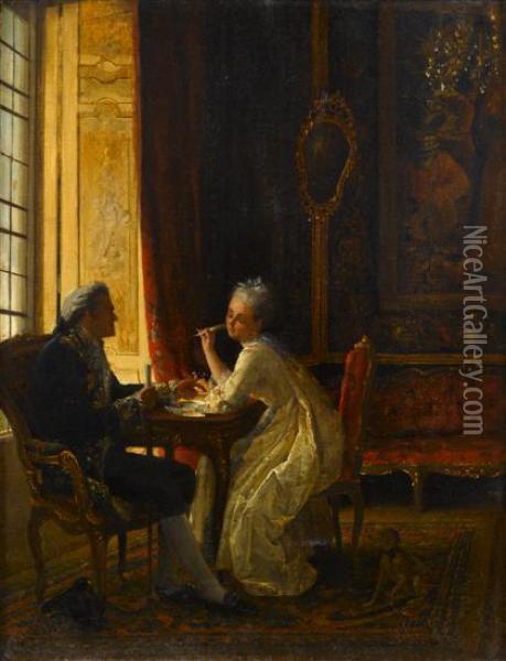 Woman And Man At Table Oil Painting - Ernest Gustave Girardot
